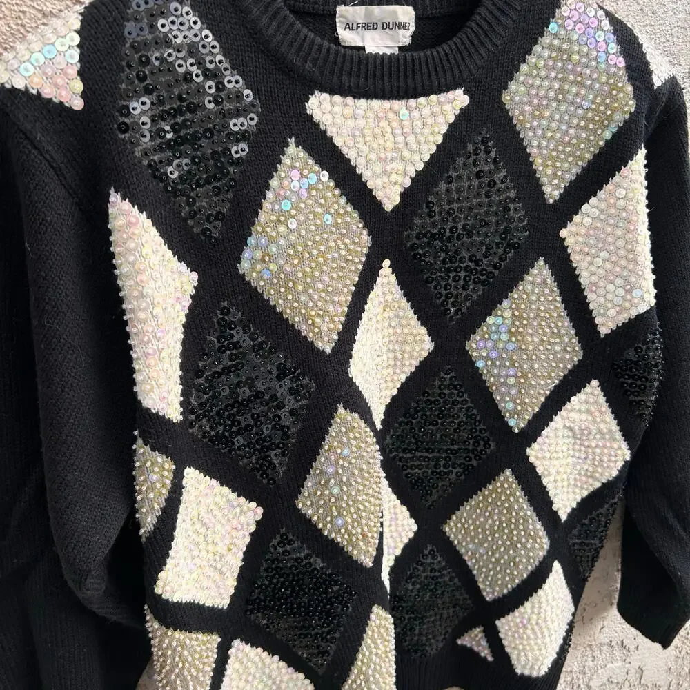 Vintage Alfred Dunner Sequin Argyle Sweater Size L
